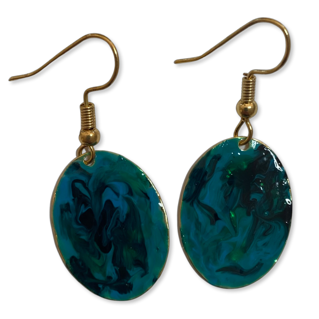 Blue Green Marble Mini Oval Lures of Love Earrings
