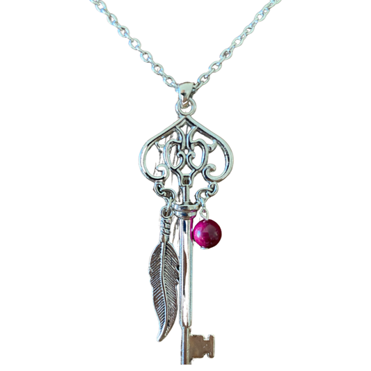 Skeleton Key Necklace With Pink Tiger’s Eye