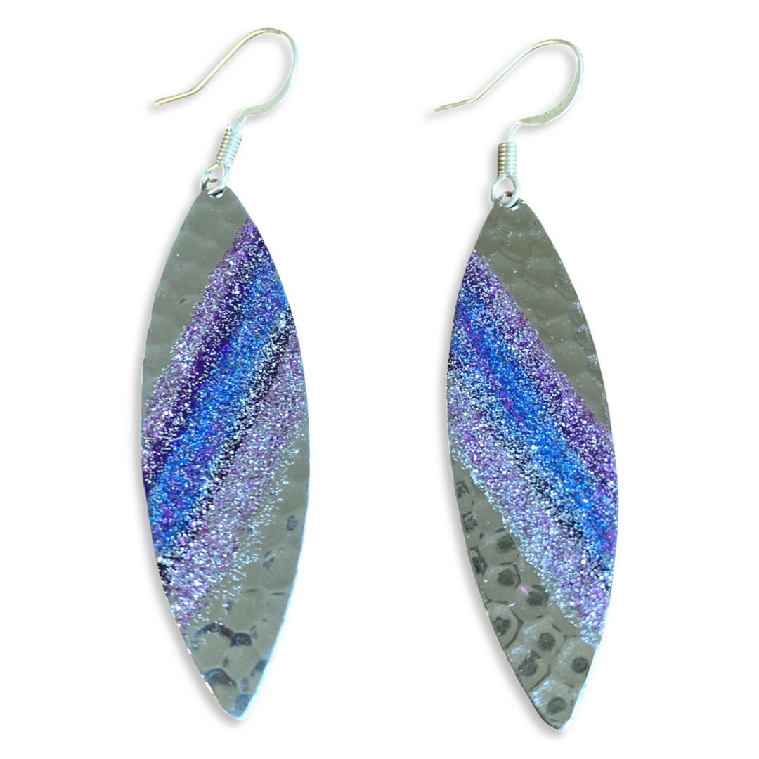 Art Deco Hand Painted Purple & Blue Navette Earrings