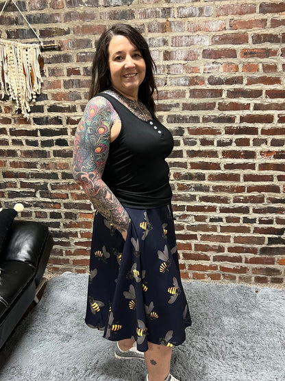 Bee Print Navy Swing Skirt