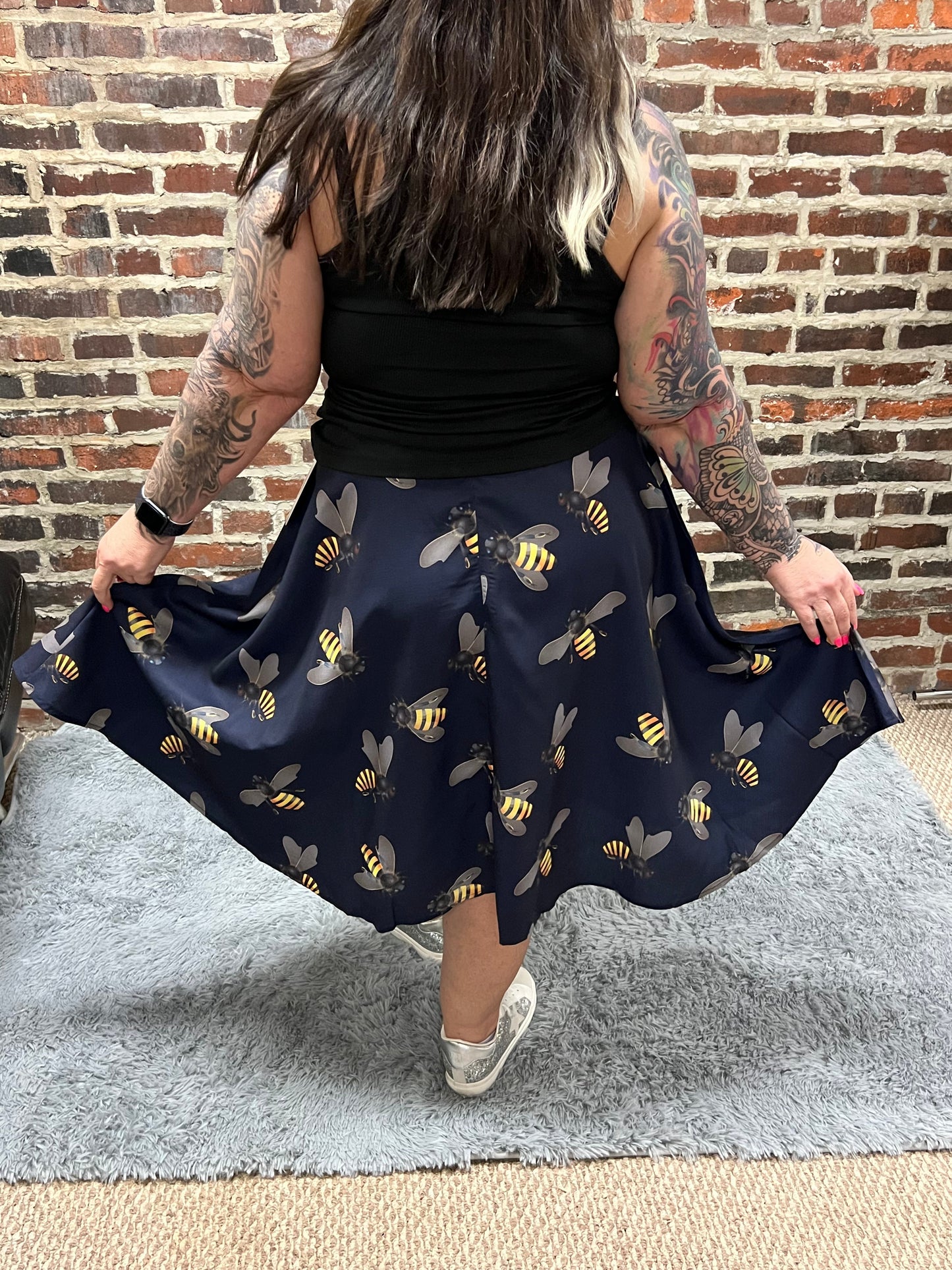 Bee Print Navy Swing Skirt