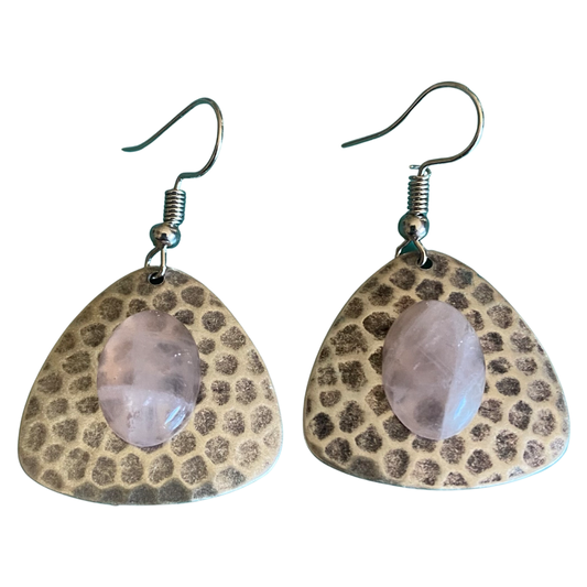 Antique Silver Hammered Guitar Pick Earrings With Rose Quartz Crystal by the Urban Charm