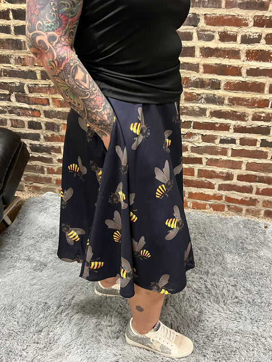 Bee Print Navy Swing Skirt