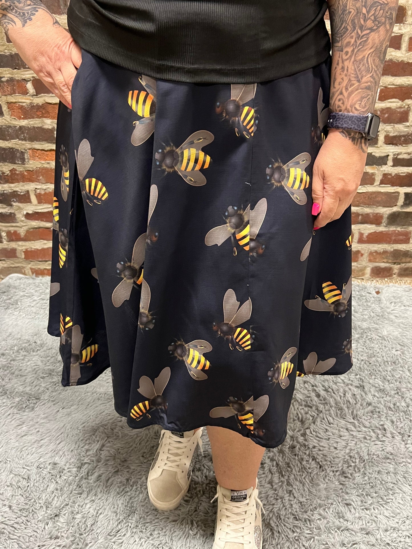 Bee Print Navy Swing Skirt