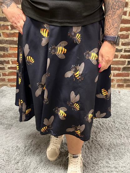 Bee Print Navy Swing Skirt