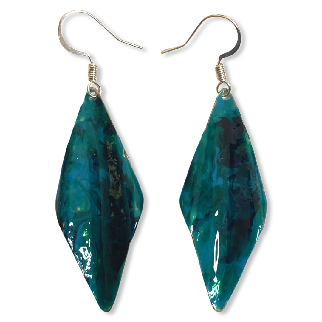 Blue Green Marble Wavy Lures of Love Earrings