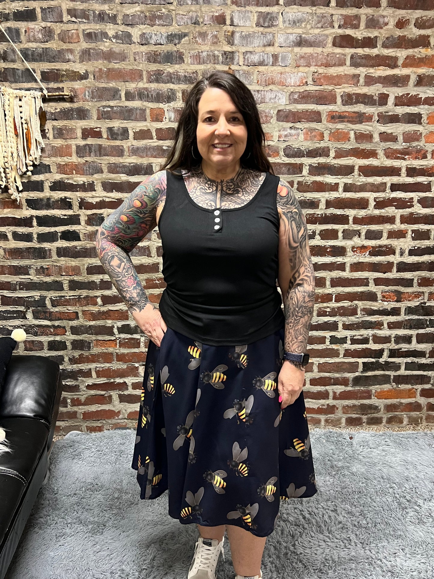 Bee Print Navy Swing Skirt