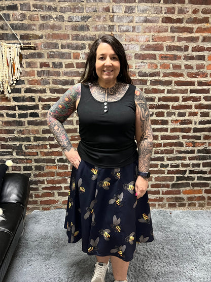 Bee Print Navy Swing Skirt