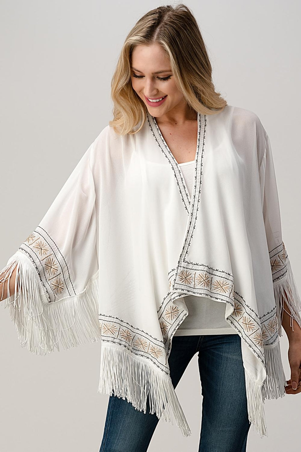 Beaded With Tassel Hemmed Cover Up Kimono Cardigan