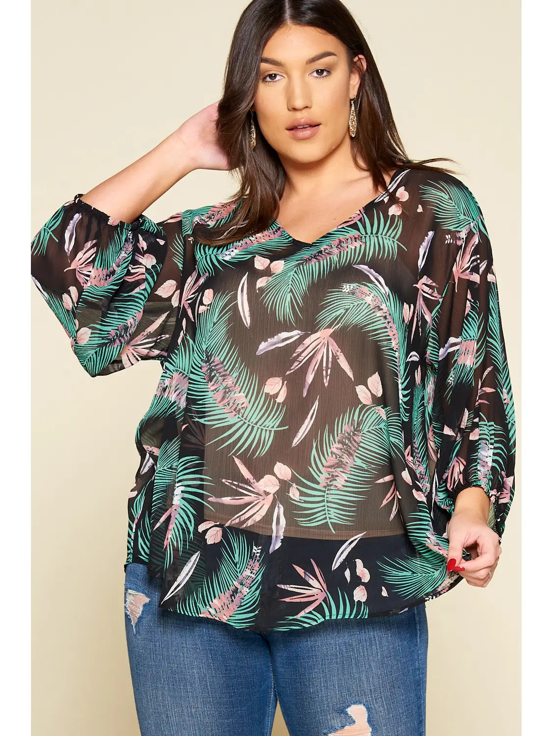 Tropical Leaf Chiffon Top