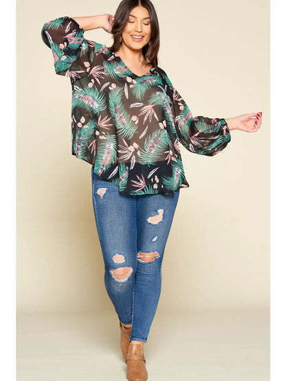 Tropical Leaf Chiffon Top