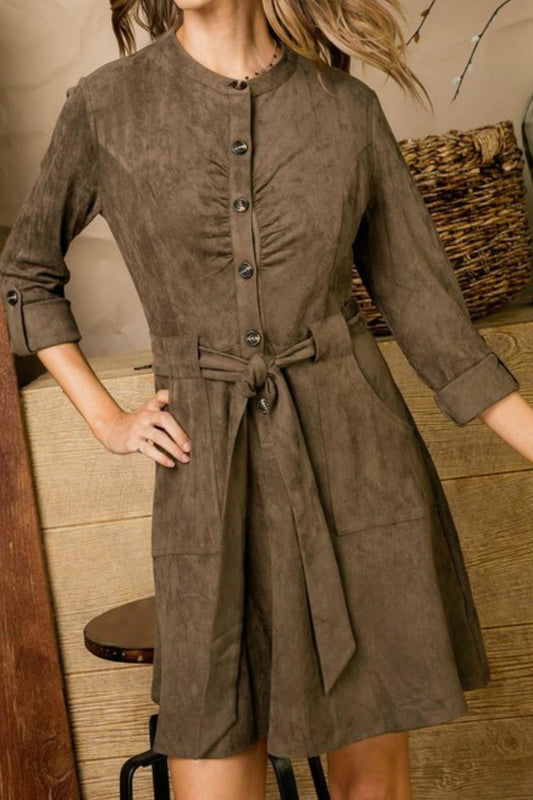 Olive Belted Suede Dress