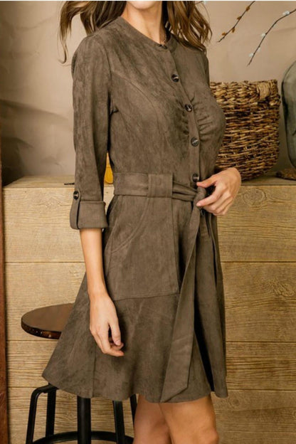 Olive Belted Suede Dress