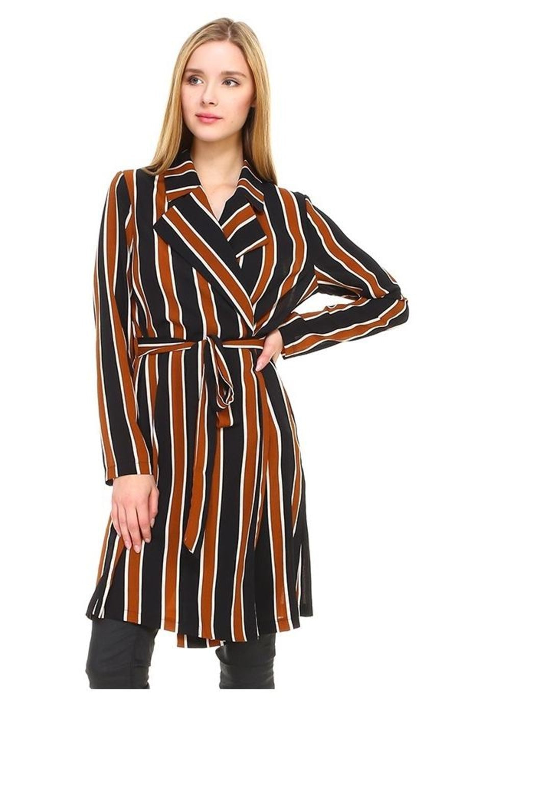 Trench Coat Multi Stripe Long Line Belted Jacket