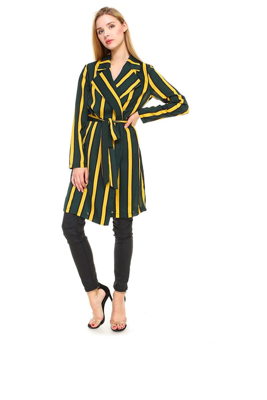 Trench Coat Multi Stripe Long Line Belted Jacket