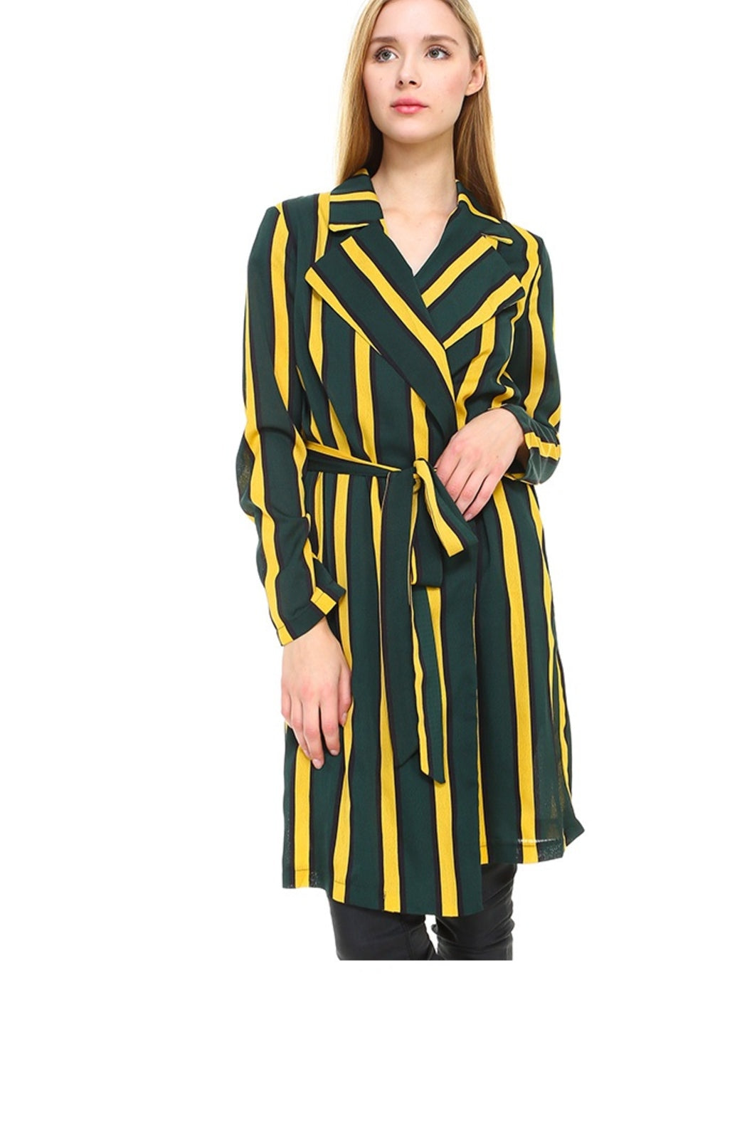 Trench Coat Multi Stripe Long Line Belted Jacket