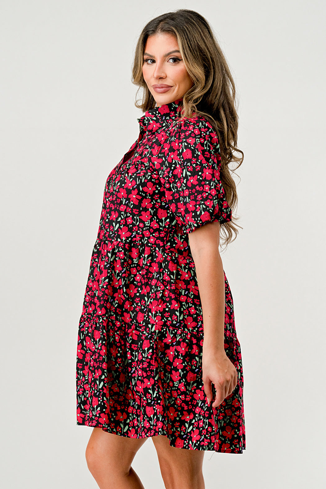 Balloon Sleeve Collar Button Front A-Line Dress