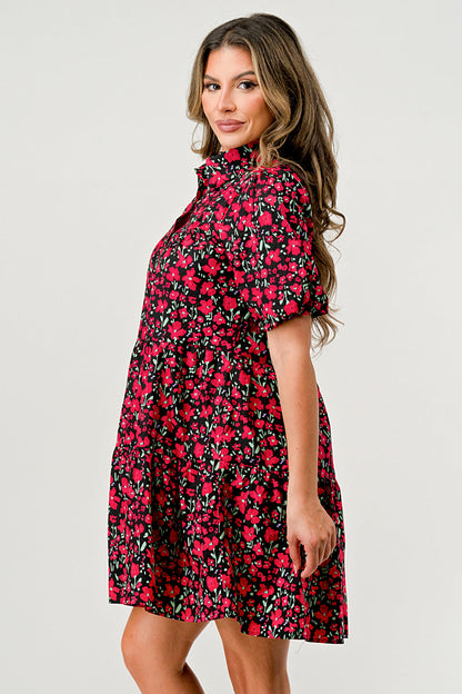 Balloon Sleeve Collar Button Front A-Line Dress