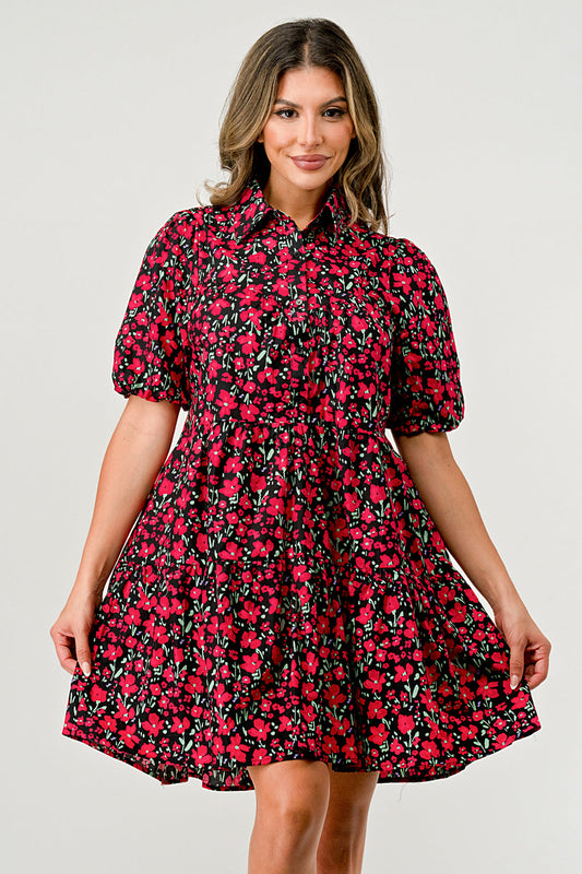 Balloon Sleeve Collar Button Front A-Line Dress