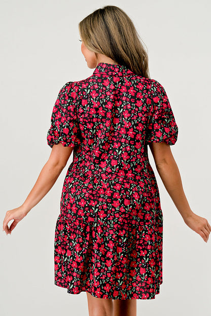 Balloon Sleeve Collar Button Front A-Line Dress