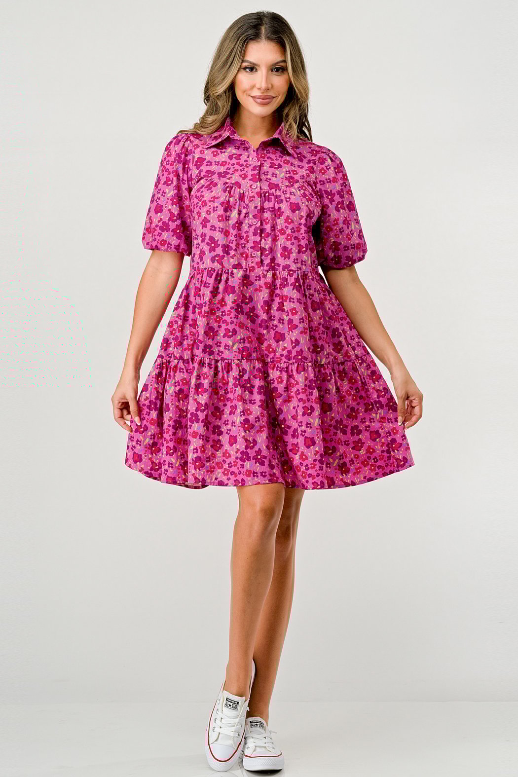 Balloon Sleeve Collar Button Front A-Line Dress