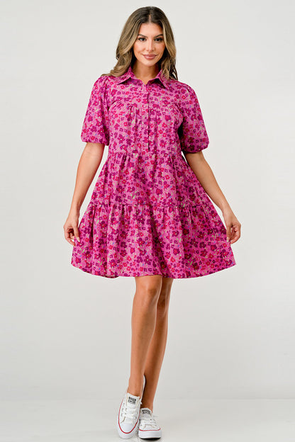 Balloon Sleeve Collar Button Front A-Line Dress