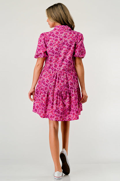 Balloon Sleeve Collar Button Front A-Line Dress