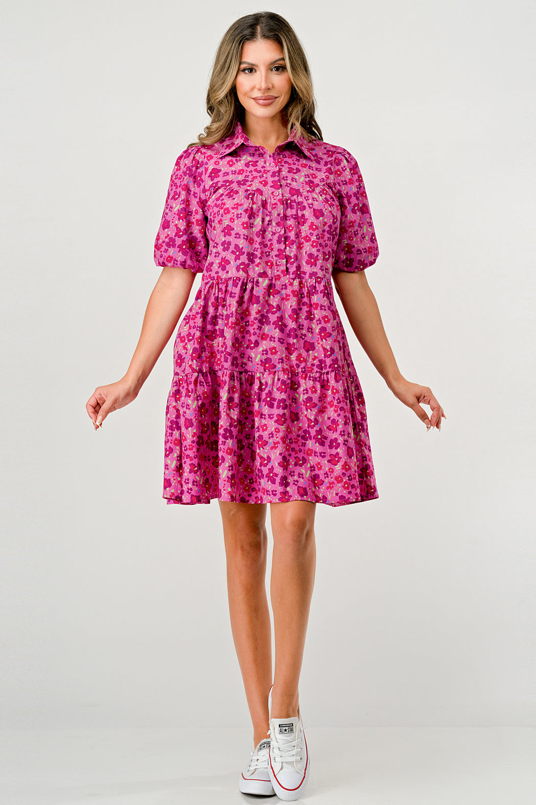 Balloon Sleeve Collar Button Front A-Line Dress