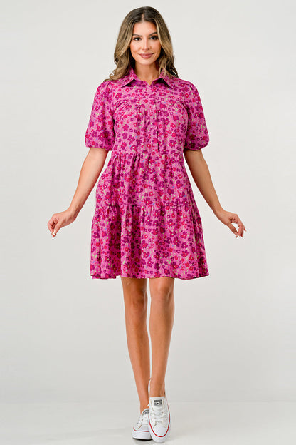 Balloon Sleeve Collar Button Front A-Line Dress