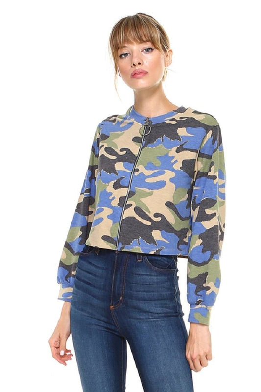 Camouflage Front Full Zip Up Jacket Top