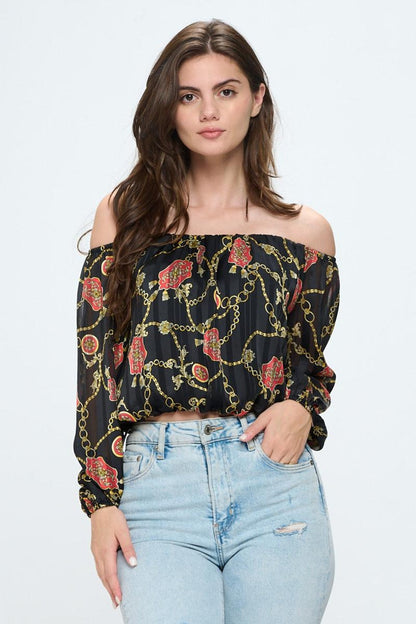 Off-Shoulder Long-Sleeve Chain Blouse