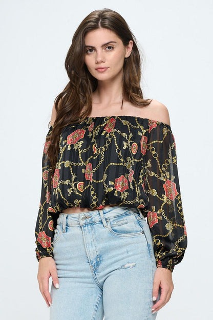 Off-Shoulder Long-Sleeve Chain Blouse