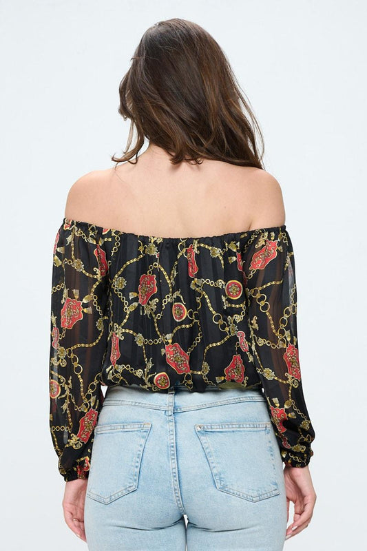 Off-Shoulder Long-Sleeve Chain Blouse