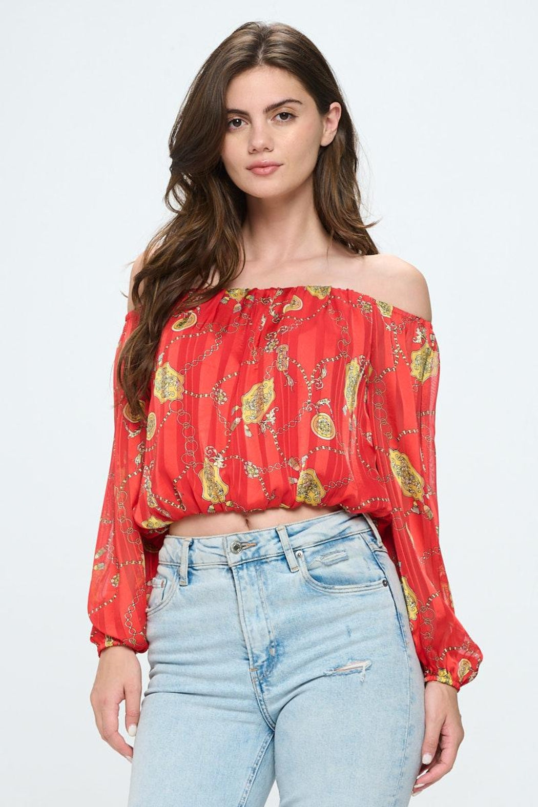Off-Shoulder Long-Sleeve Chain Blouse