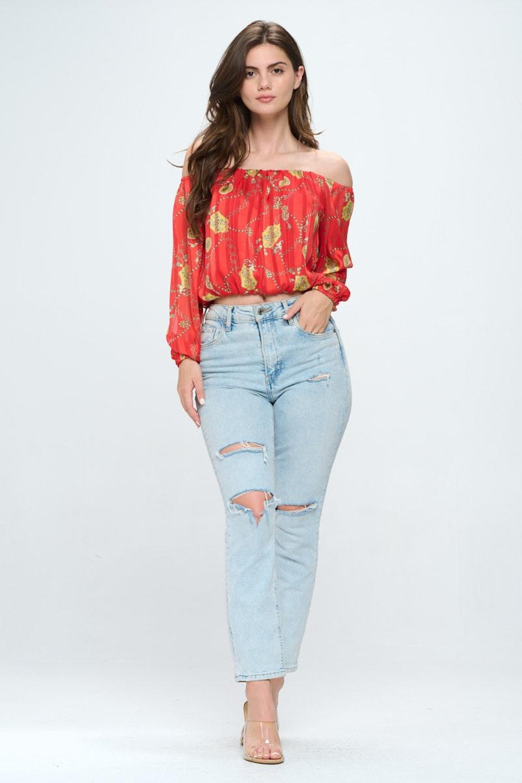 Off-Shoulder Long-Sleeve Chain Blouse