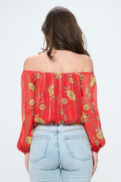Off-Shoulder Long-Sleeve Chain Blouse