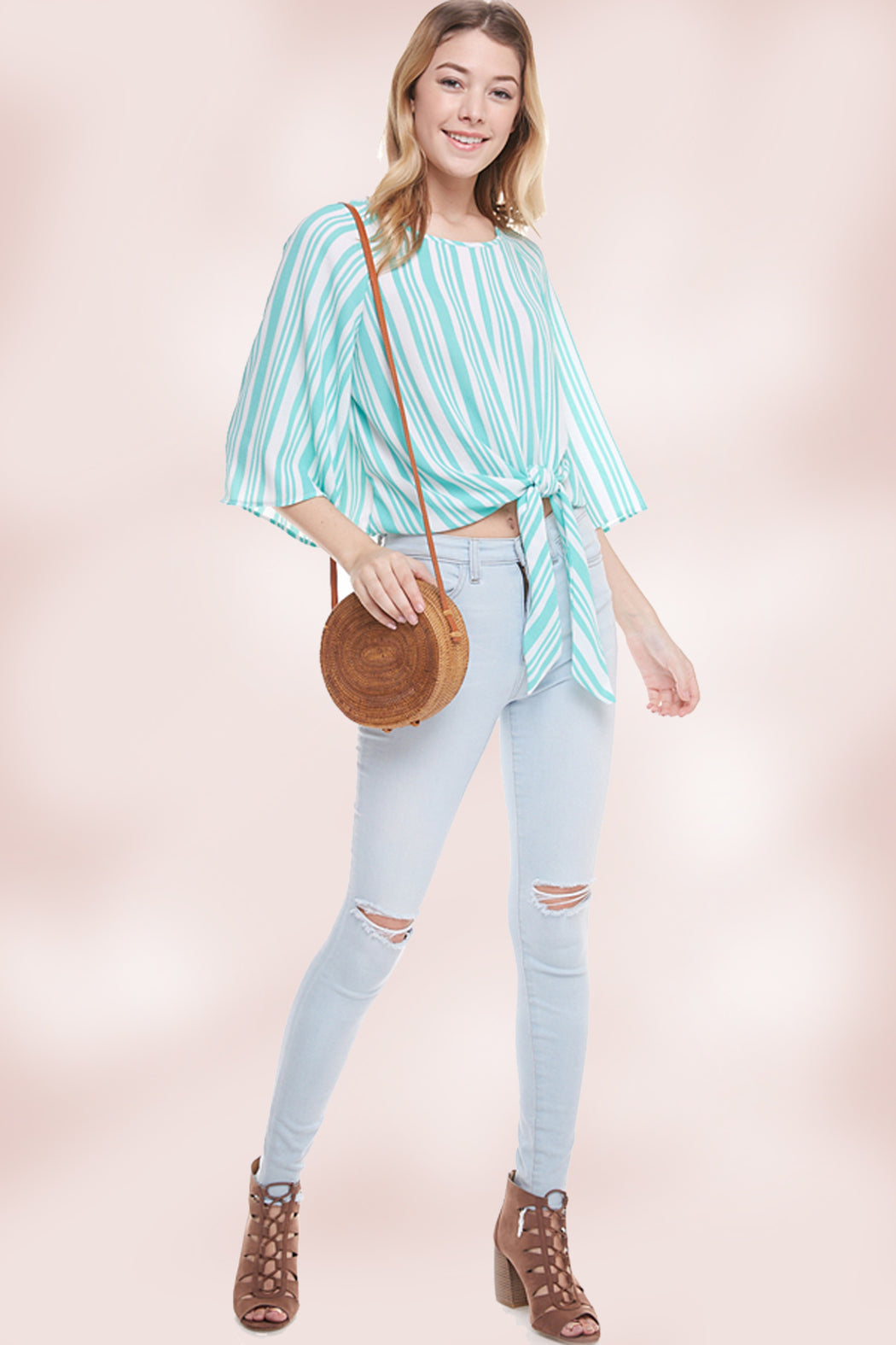Stripe Tie Front Top Long Sleeve Blouse Top