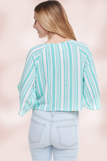 Stripe Tie Front Top Long Sleeve Blouse Top