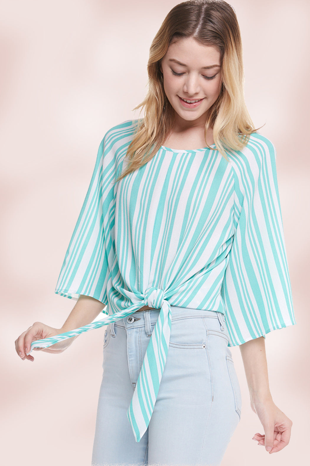 Stripe Tie Front Top Long Sleeve Blouse Top