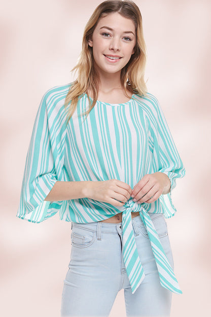 Stripe Tie Front Top Long Sleeve Blouse Top