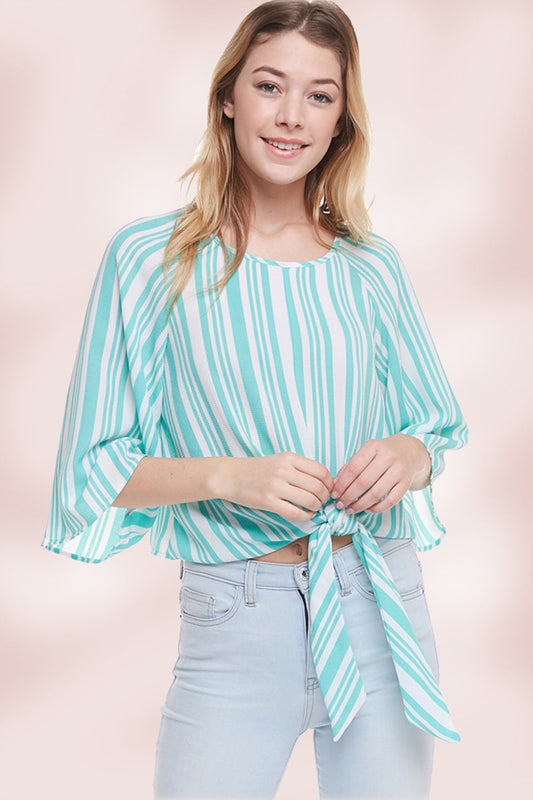 Stripe Tie Front Top Long Sleeve Blouse Top