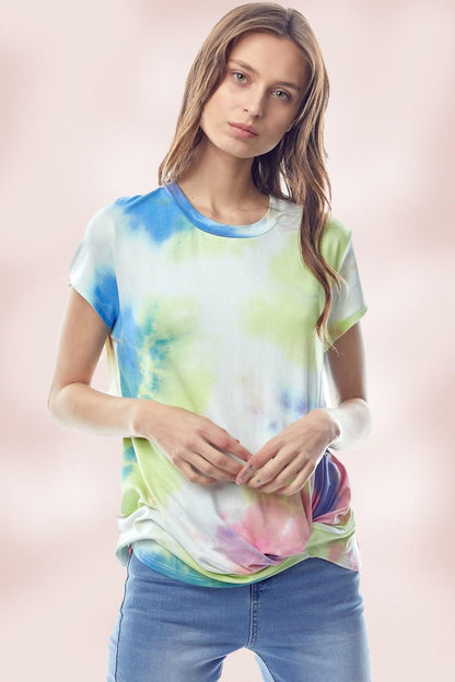 Tie Dye Jersey Top With Crew Neck Twist Hem
