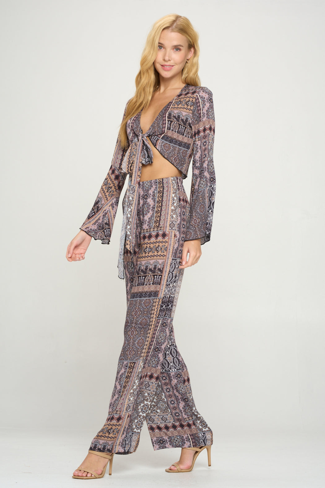 Tie Front Bell Sleeve Crop Cardigan Palazzon Pant
