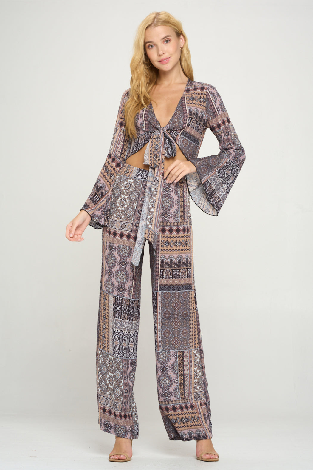 Tie Front Bell Sleeve Crop Cardigan Palazzon Pant