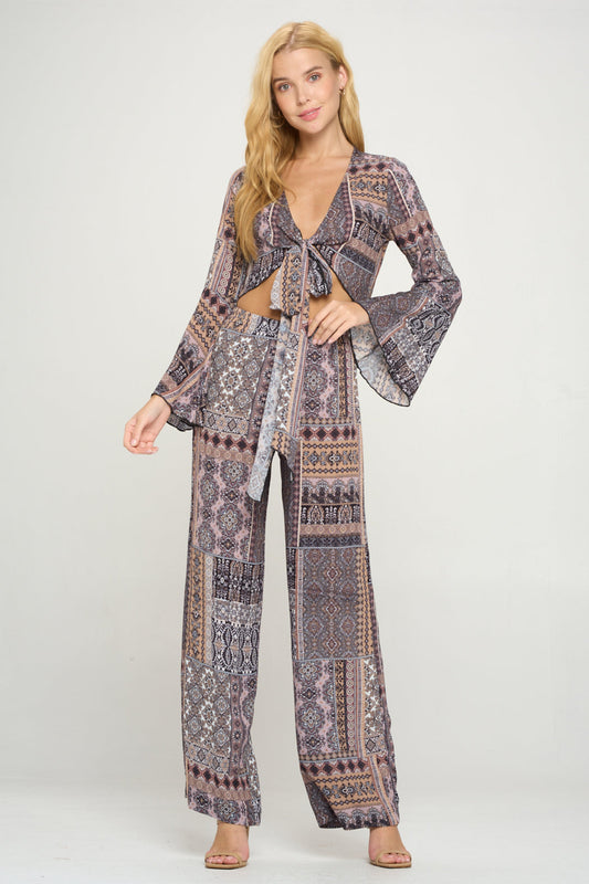 Tie Front Bell Sleeve Crop Cardigan Palazzon Pant