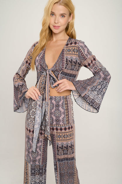 Tie Front Bell Sleeve Crop Cardigan Palazzon Pant
