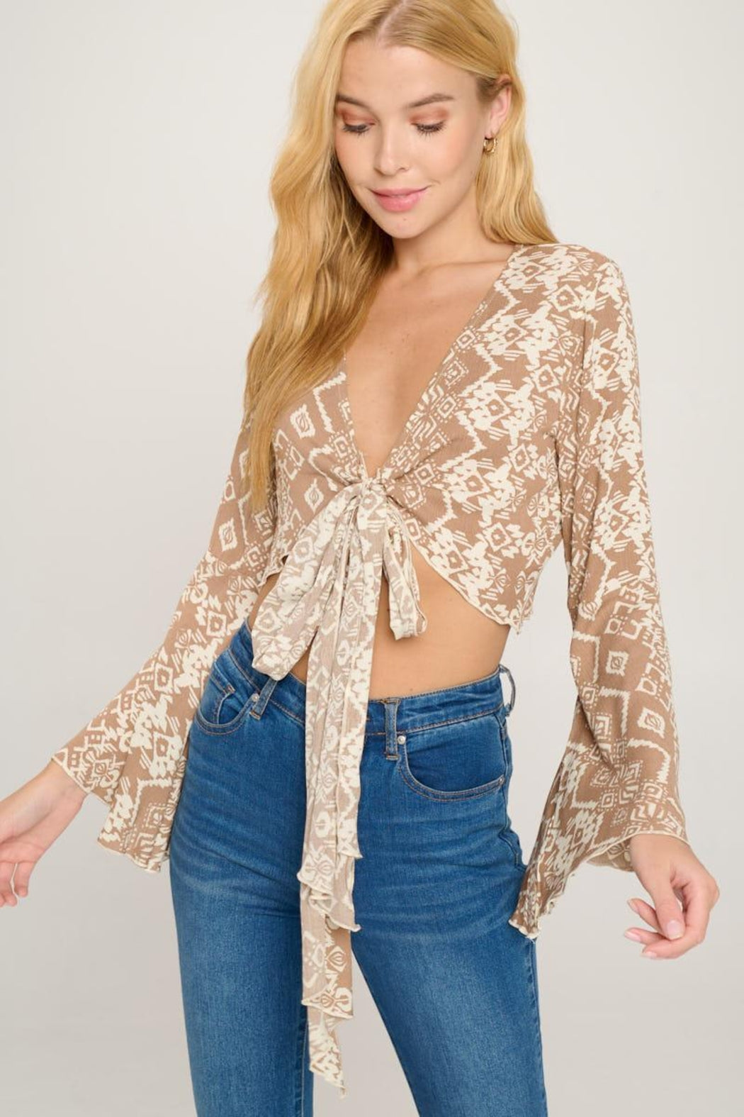 Tie Front Bell Sleeve Crop Cardigan Top