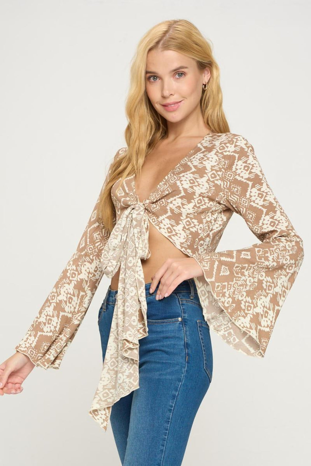 Tie Front Bell Sleeve Crop Cardigan Top