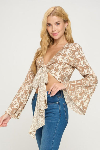 Tie Front Bell Sleeve Crop Cardigan Top