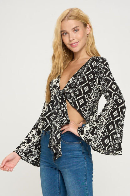 Tie Front Bell Sleeve Crop Cardigan Top
